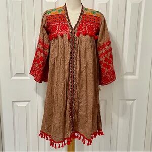 Bohemian Embroidered Cotton Dress with Red and Brown Accents